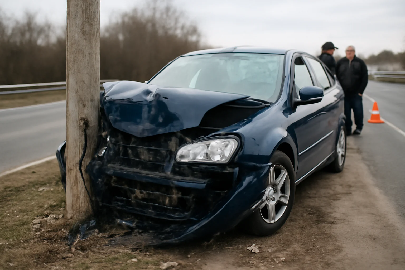 Accident rutier la Galați, lângă vamă: mașină izbită de un stâlp pe carosabil alunecos