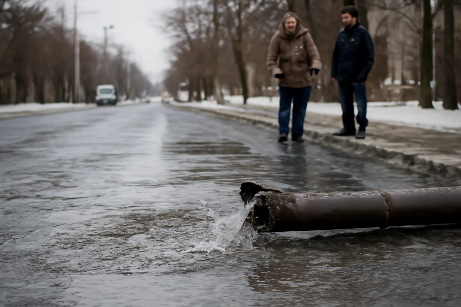 Avarie la conducta de apă în Galați: carosabil înghețat și risc major pentru trafic
