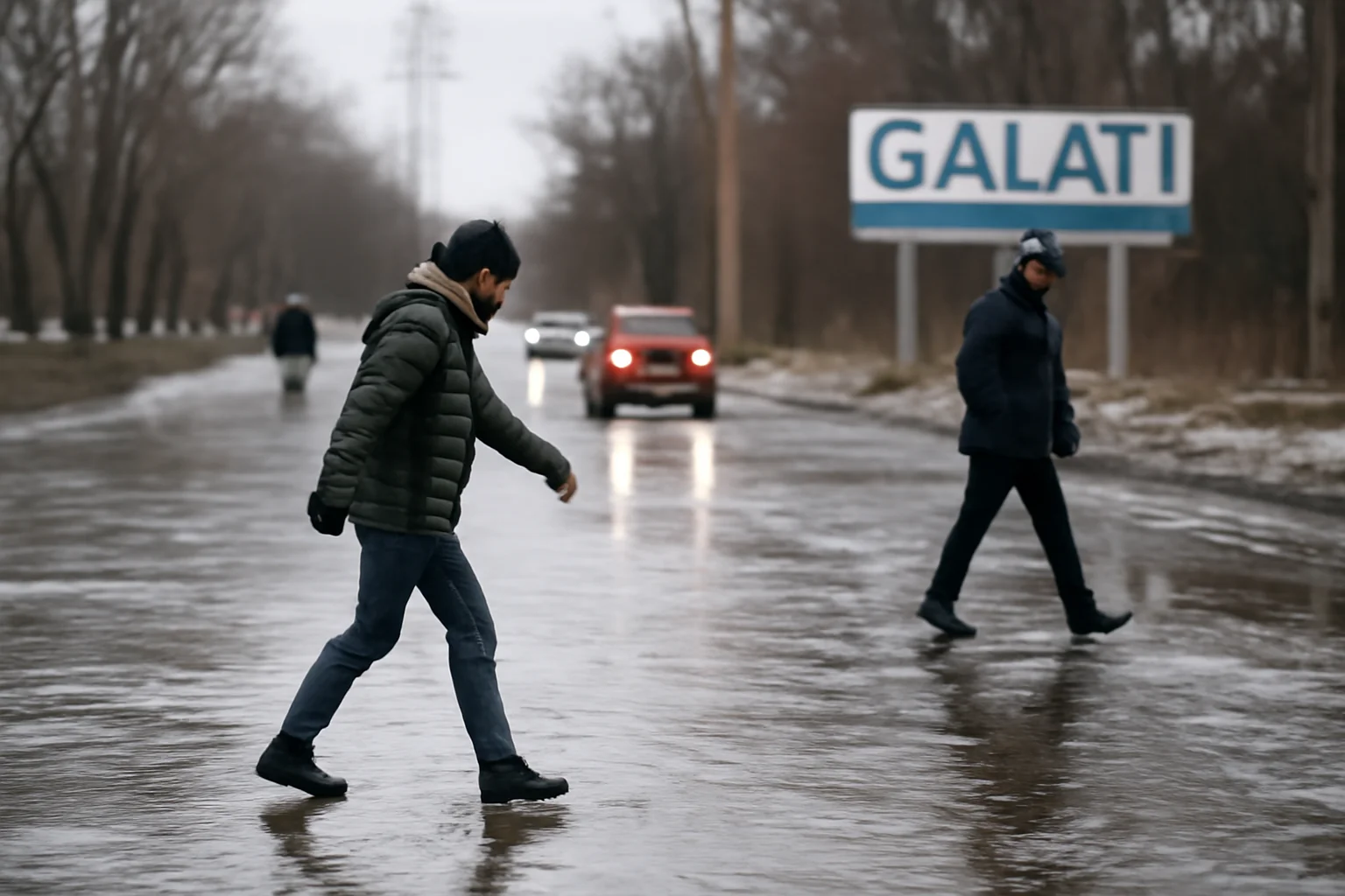 Avarie la irigații la intrarea în Galați: șoseaua a devenit extrem de alunecoasă la -10°C