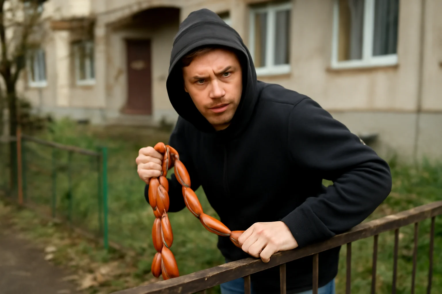 Bărbat surprins de camere furând cârnați din curtea unui bloc din Galați, în Ajun de Crăciun