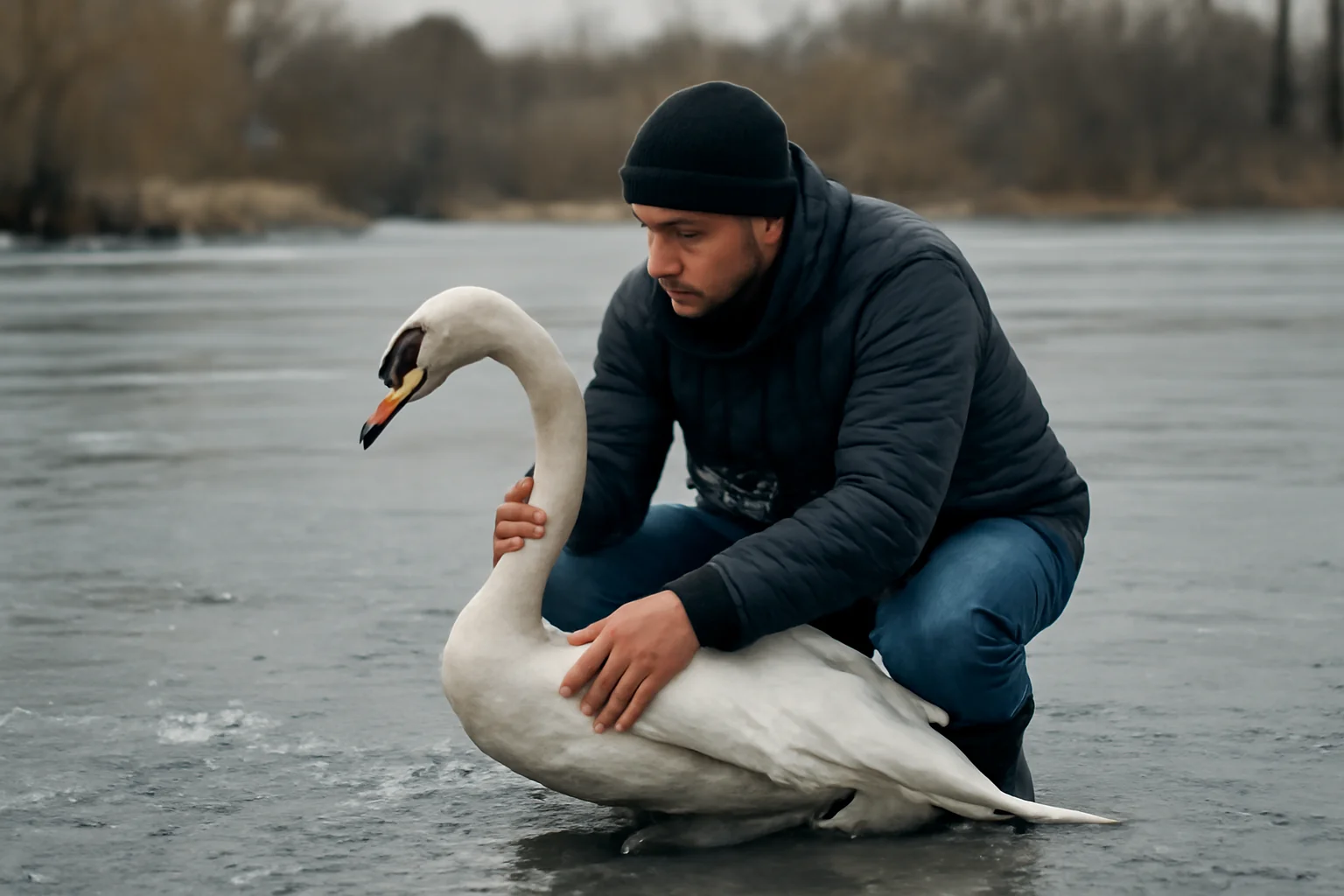 Fotograf din Galați intervine pentru salvarea unei lebede rănite dintr-un lac înghețat