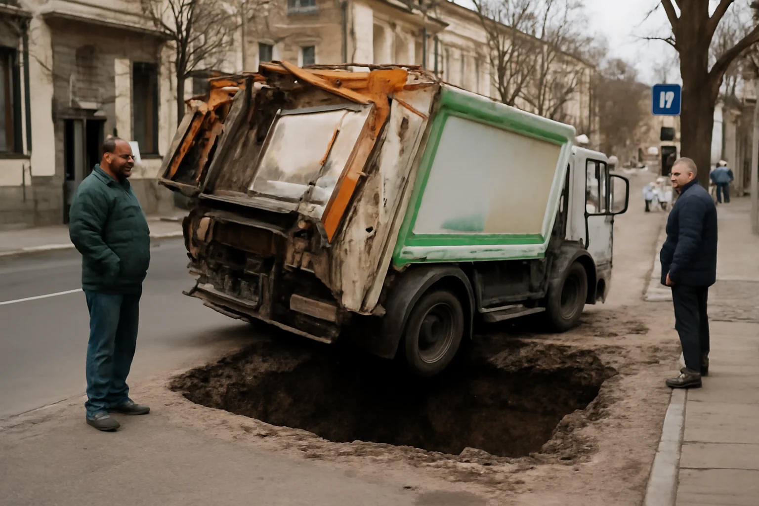 Mașină de gunoi prăbușită într-o groapă în centrul municipiului Galați
