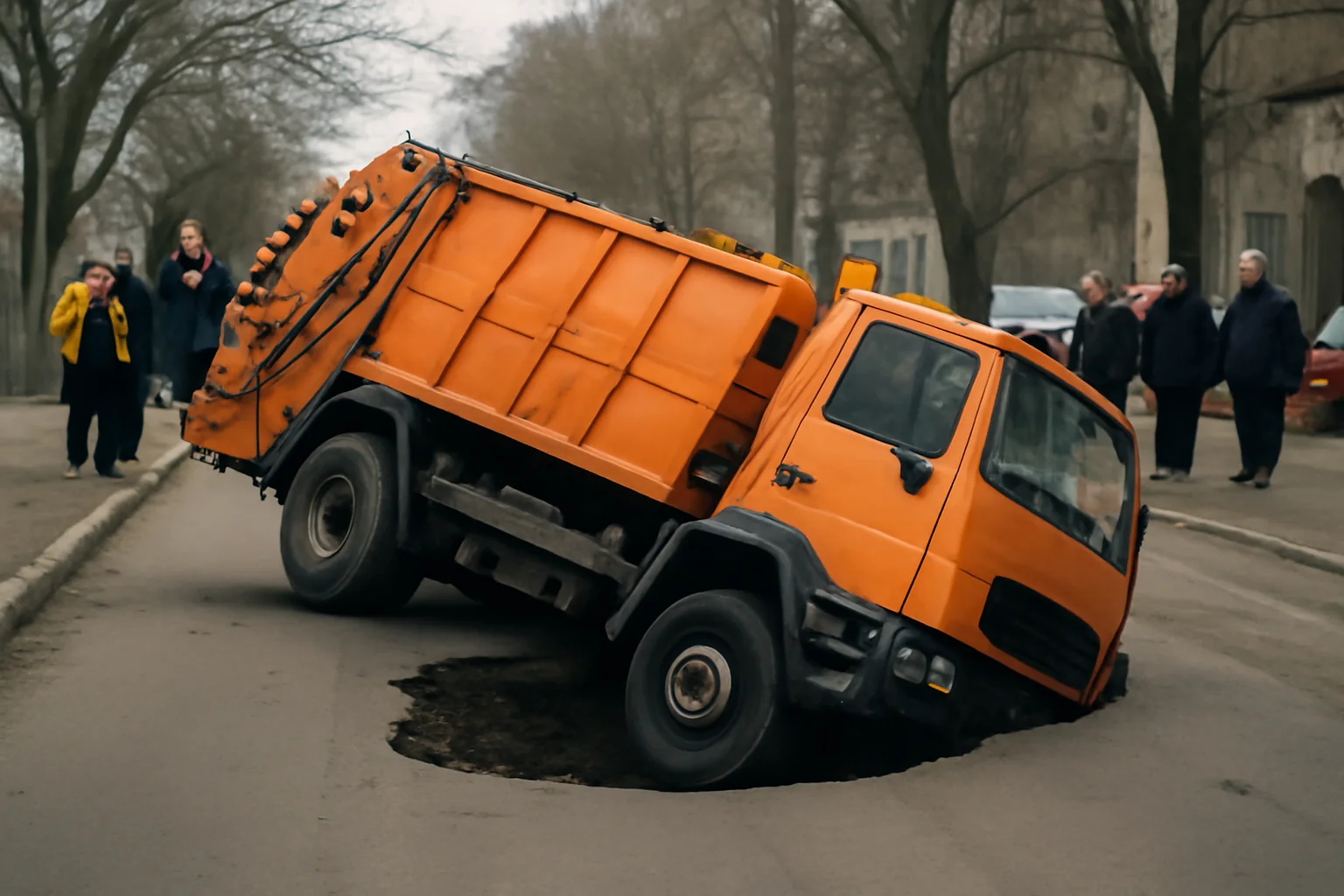 Mașină de salubritate a SC Ecsal s-a prăbușit într-o groapă apărută în asfalt pe strada Brăilei din Galați