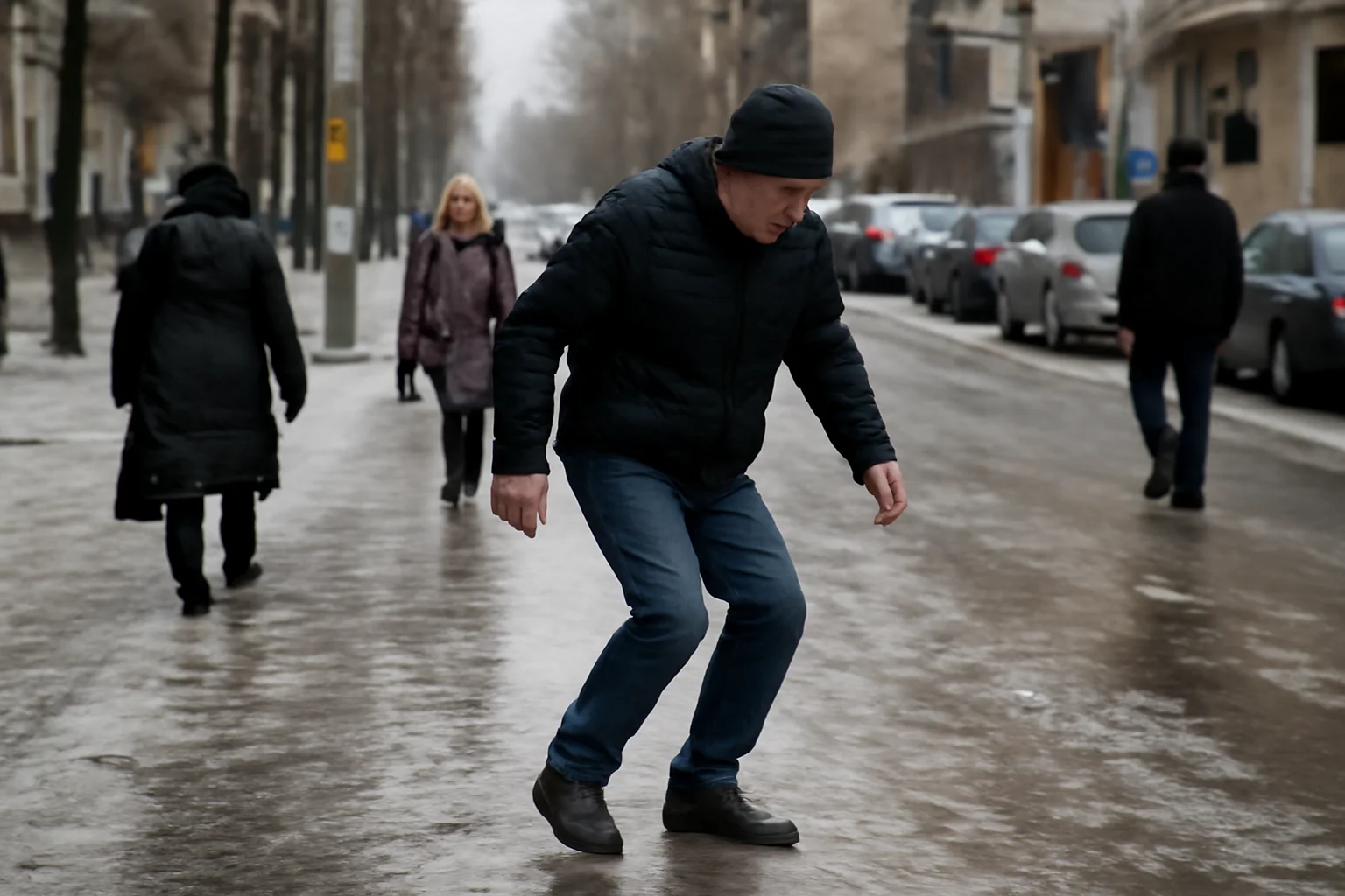 Polei masiv la Galați: străzi și trotuare acoperite de gheață în urma ploii înghețate