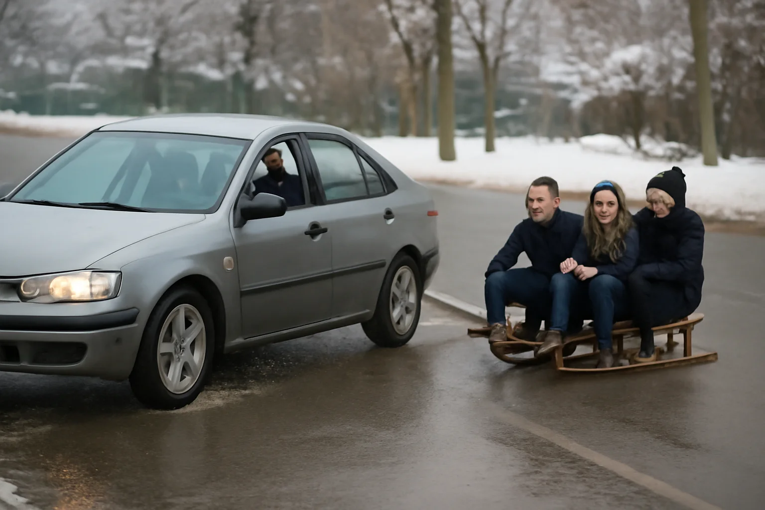 Șofer din Galați sancționat după ce a tractat cu mașina o sanie cu patru tineri pe un drum public