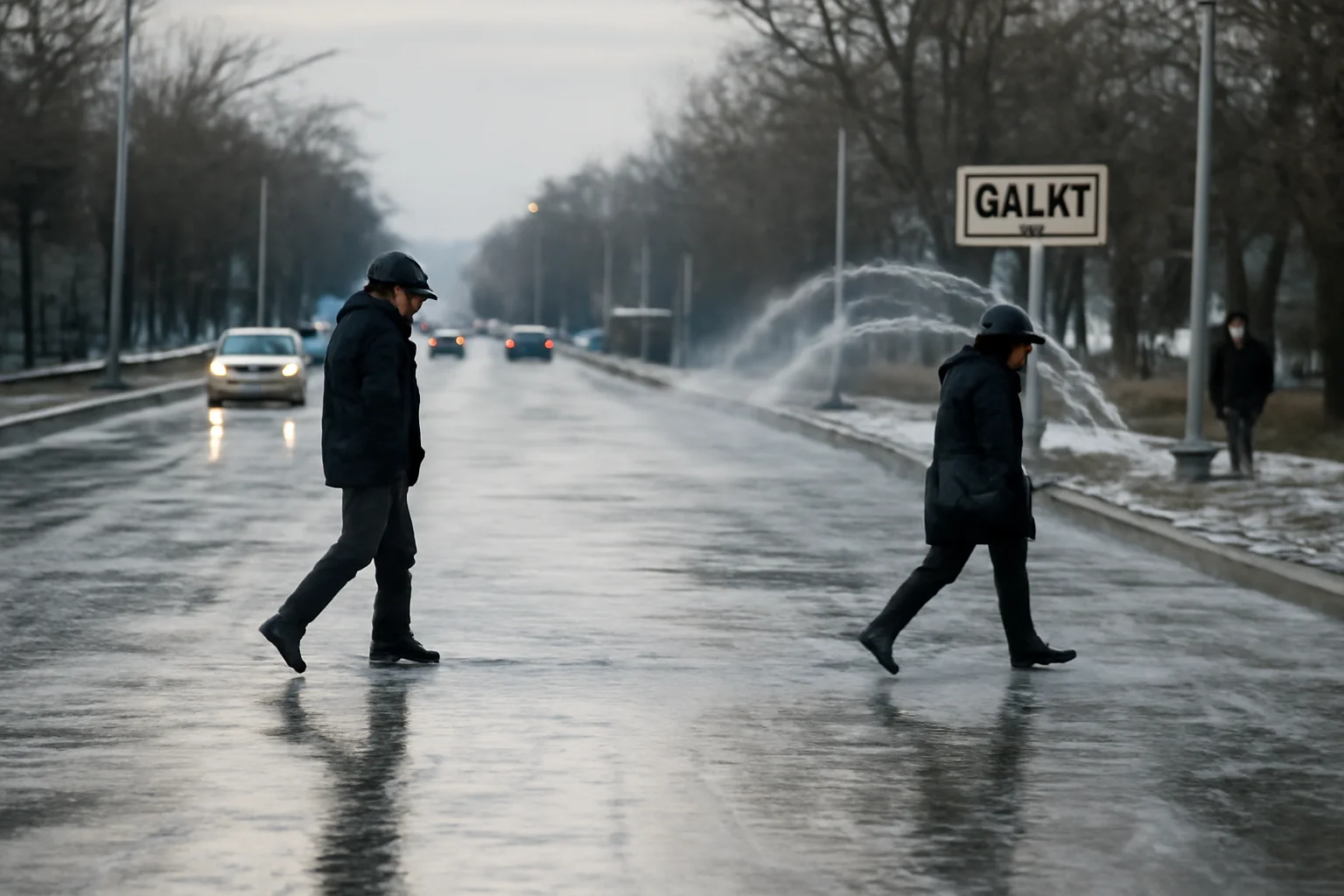 Șosea alunecoasă la intrarea în Galați, după ce aspersoarele au funcționat la -10°C